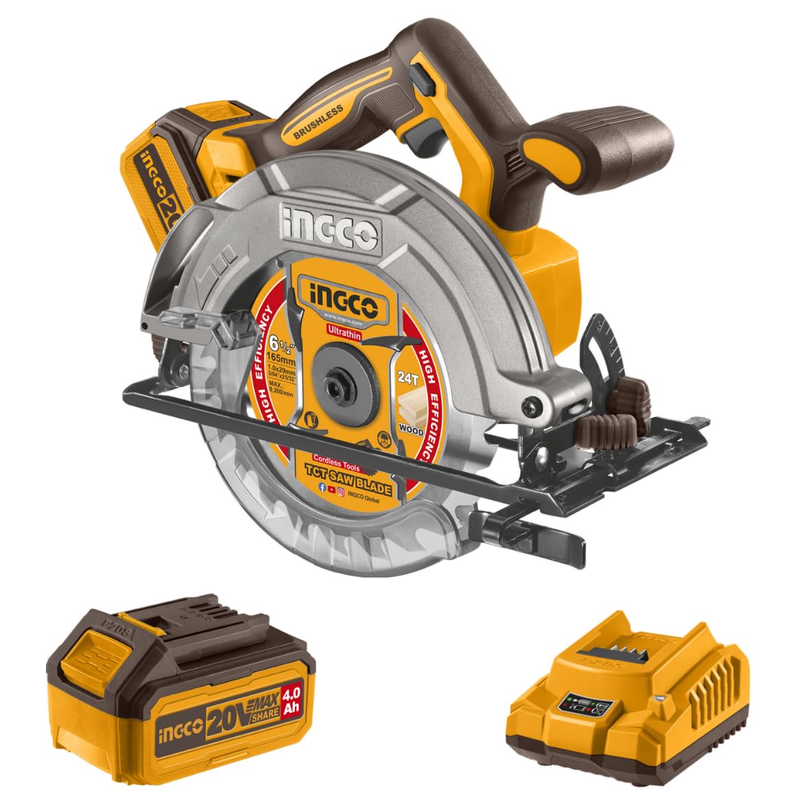 INGCO 20V Cordless Circular Saw 165mm with Brushless Motor 5200RPM Max. Cutting Depth 55mm (90°) Powerful and Efficient Cutting Tool with 1Pcs 4.0Ah Battery and Charger CSLI16521