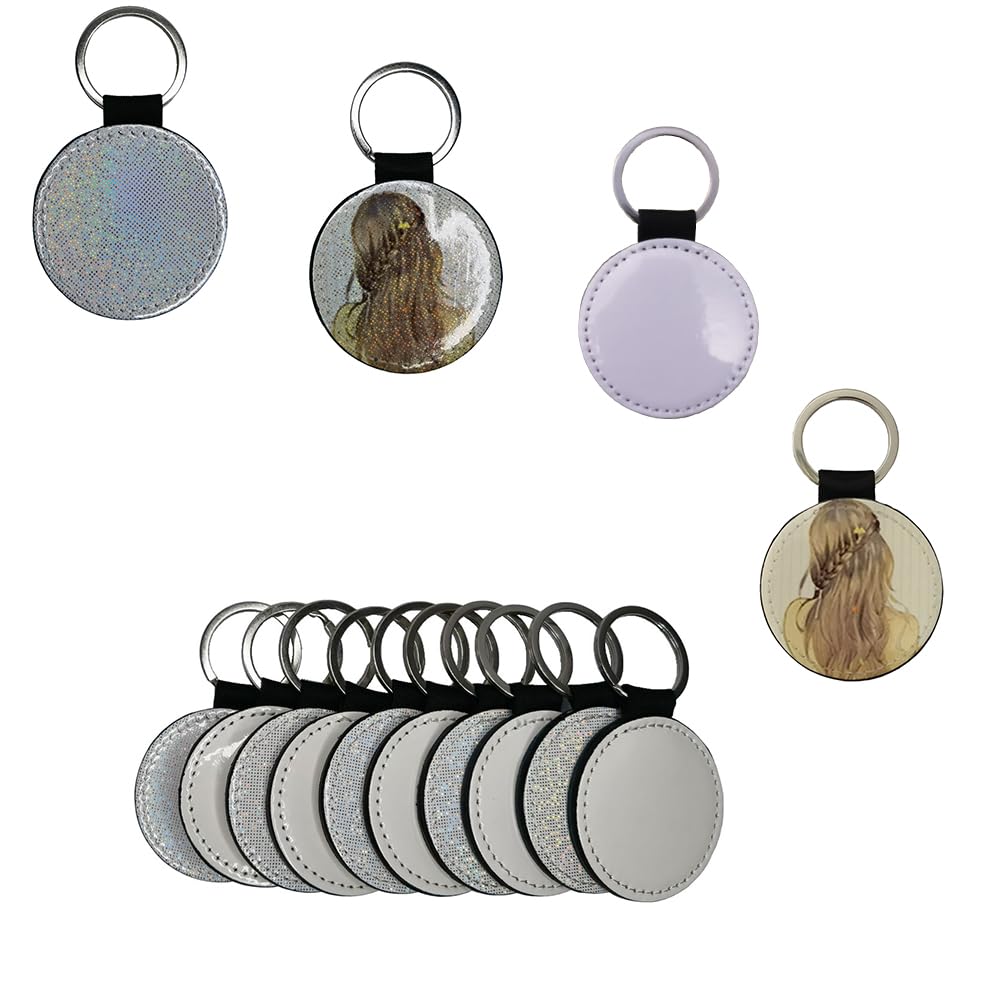 Yongkang 10 pieces Sublimation Blanks keychain Glitter PU Leather both sides can be sublimated DIY Craft (Rounded)