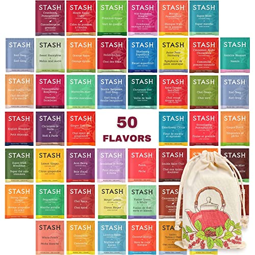 Stash Tea Sampler - Herbal and Caffeinated - Assorted Variety Pack Gift Set - 50 Teabags, 50 Different Flavors in Cotton Pouch Stash Tea Sampler - Herbal and Caffeinated - Assorted Variety Pack Gift Set - 50 Teabags, 50 Different Flavors in Cotton Pouch