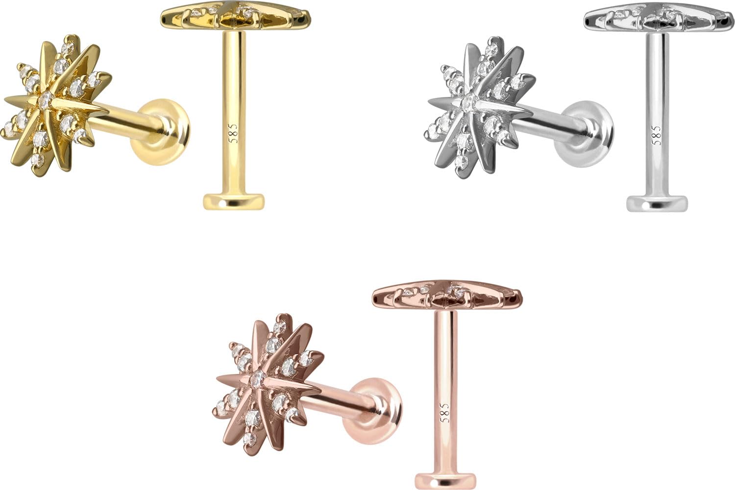 PIERCINGLINE Piercing Stecker 14 Gold Labret mit Push Fit MOISSANIT-BLUME 585er Gold - Roségoldfarben, Goldfarben, Silberfarben