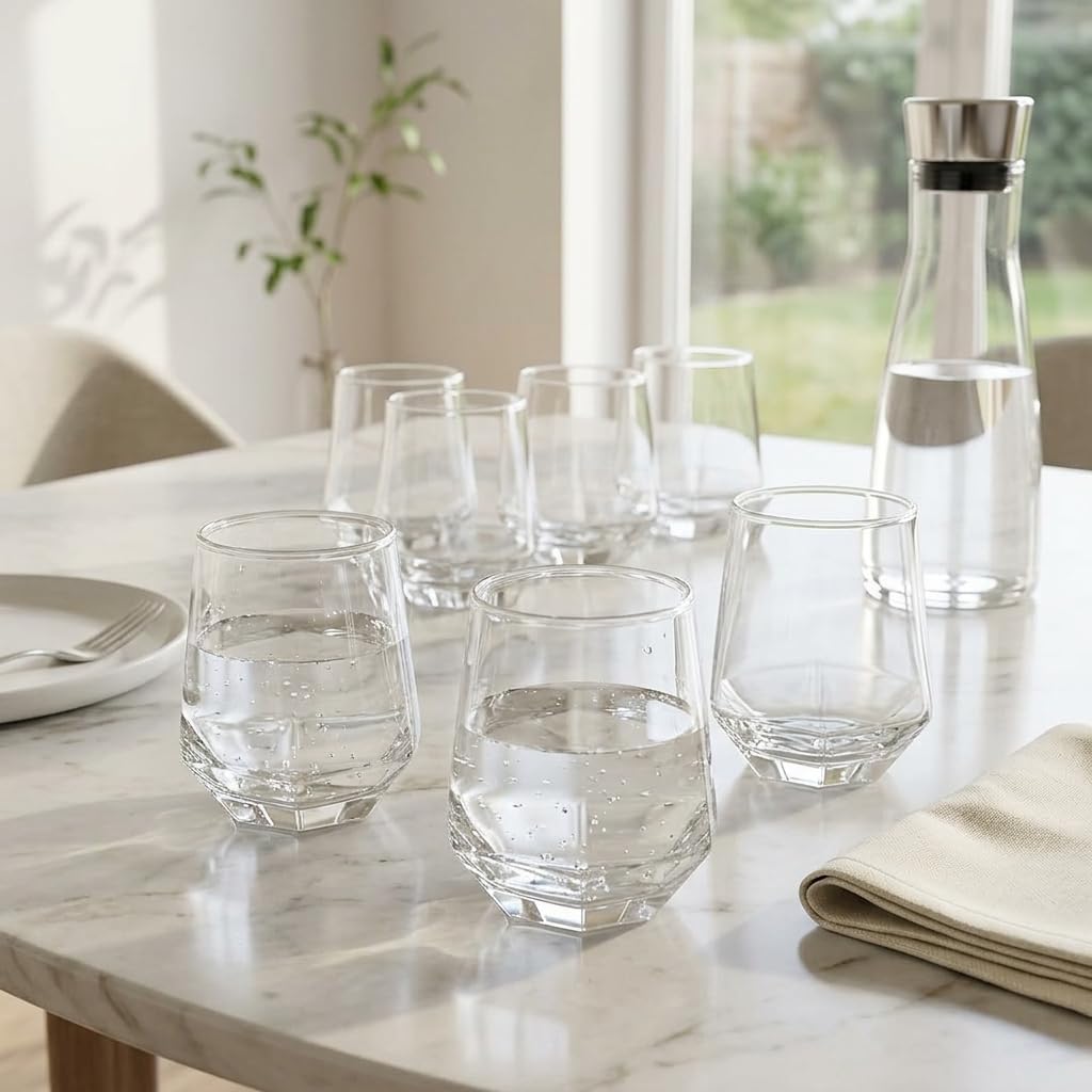 Deconox 6'lı Geometrik Cam Su ve Meşrubat Bardağı Seti - Modern Kesim Kahve Yanı Bardağı (340 ml)
