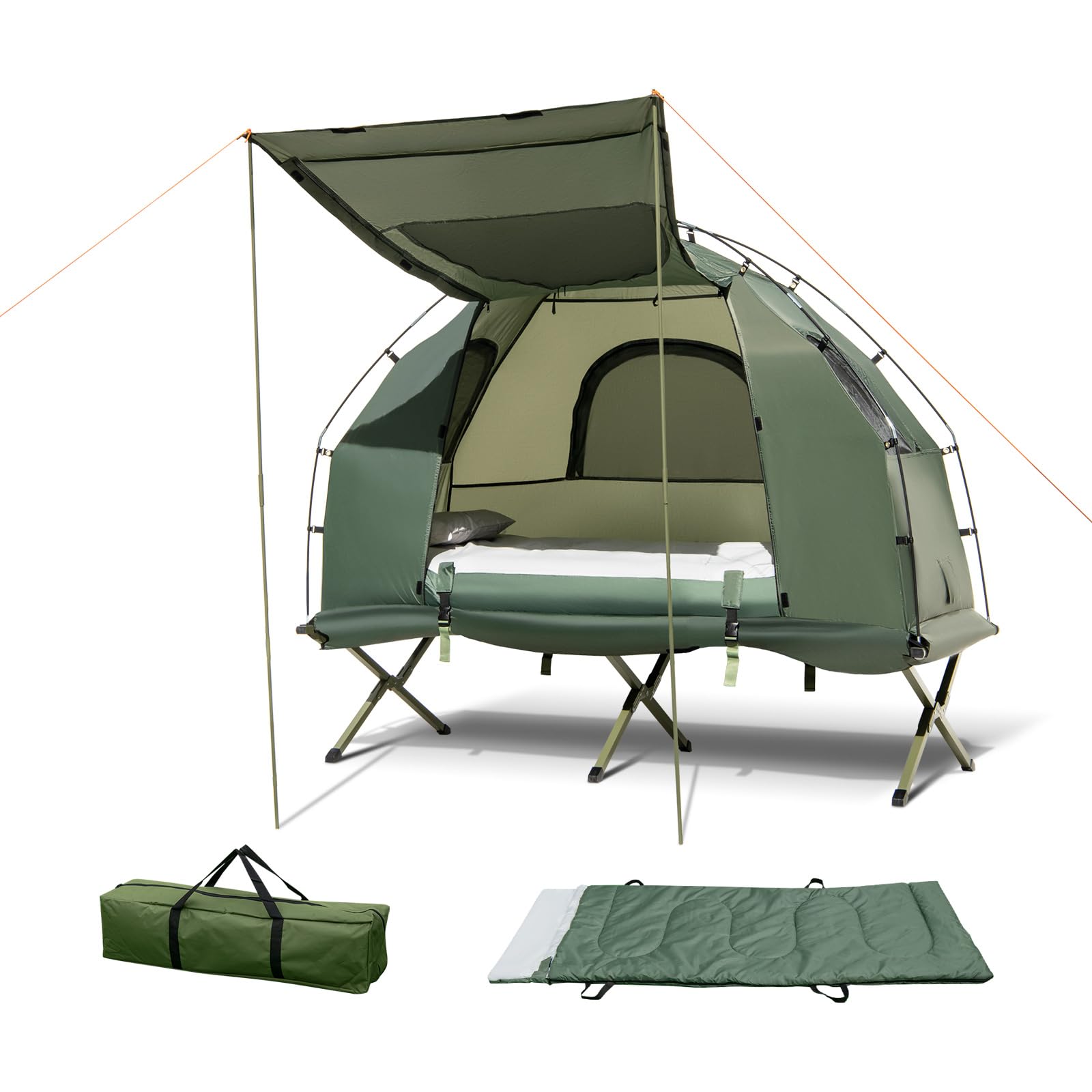 GOPLUS 5-en-1 Lit de Camping Pliant 1 Personne Adultes, Tente Pliante avec Auvent, Tente Surélevée Portable avec Matelas Oreiller Pneumatique et Sac de Couchage(87x194x167CM-Simple,Vert)