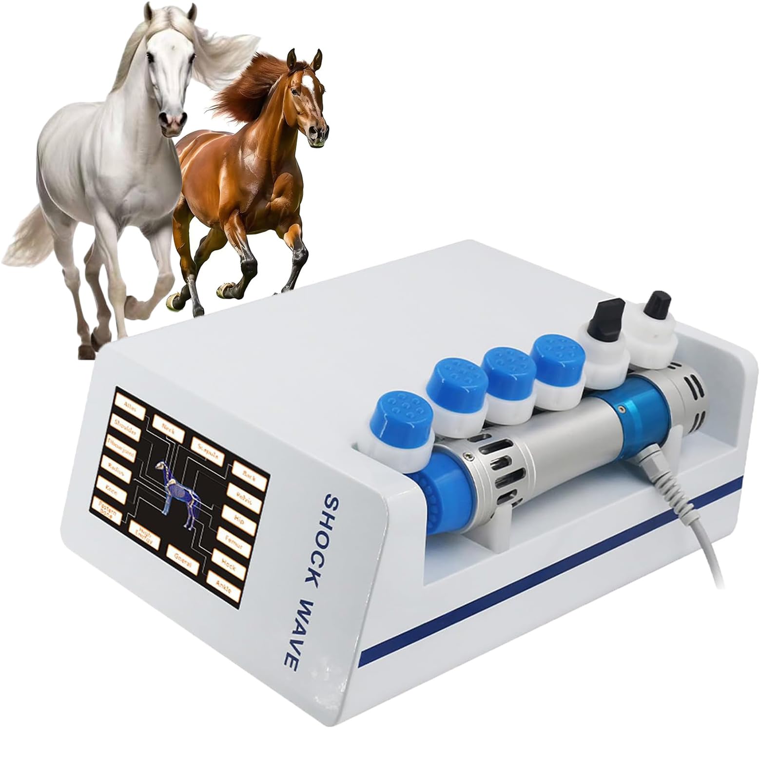 Apparecchio per terapia extracorporea a onde d'urto per cavalli, dispositivo veterinario per terapia a onde d'urto con 7 testine per massaggio profondo dei tessuti, controllo touch 10-300 MJ, non