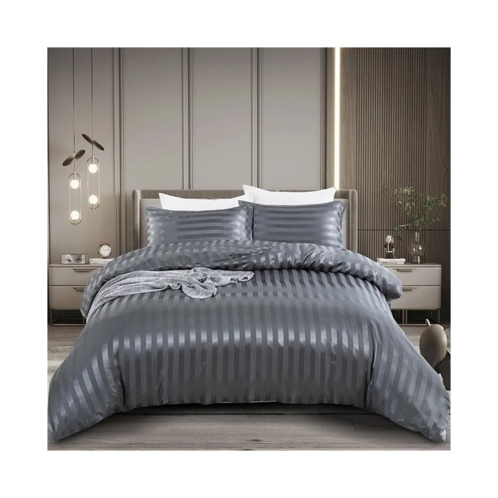 VHKJewE Gray Satin Striped Textured Twin/Full/Queen/King/Single/Double Size Luxury Silky Like Bedding Set(King 230x220cm)