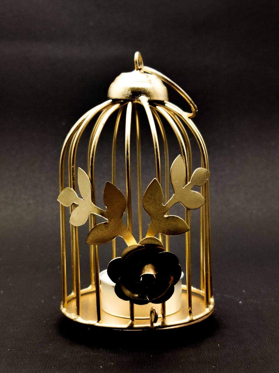 Parin Divisha Golden Cage Metal Iron Bird Cage Tea Light Holder with Flower Vine for Home Décor (Golden, Pack of 2) 2