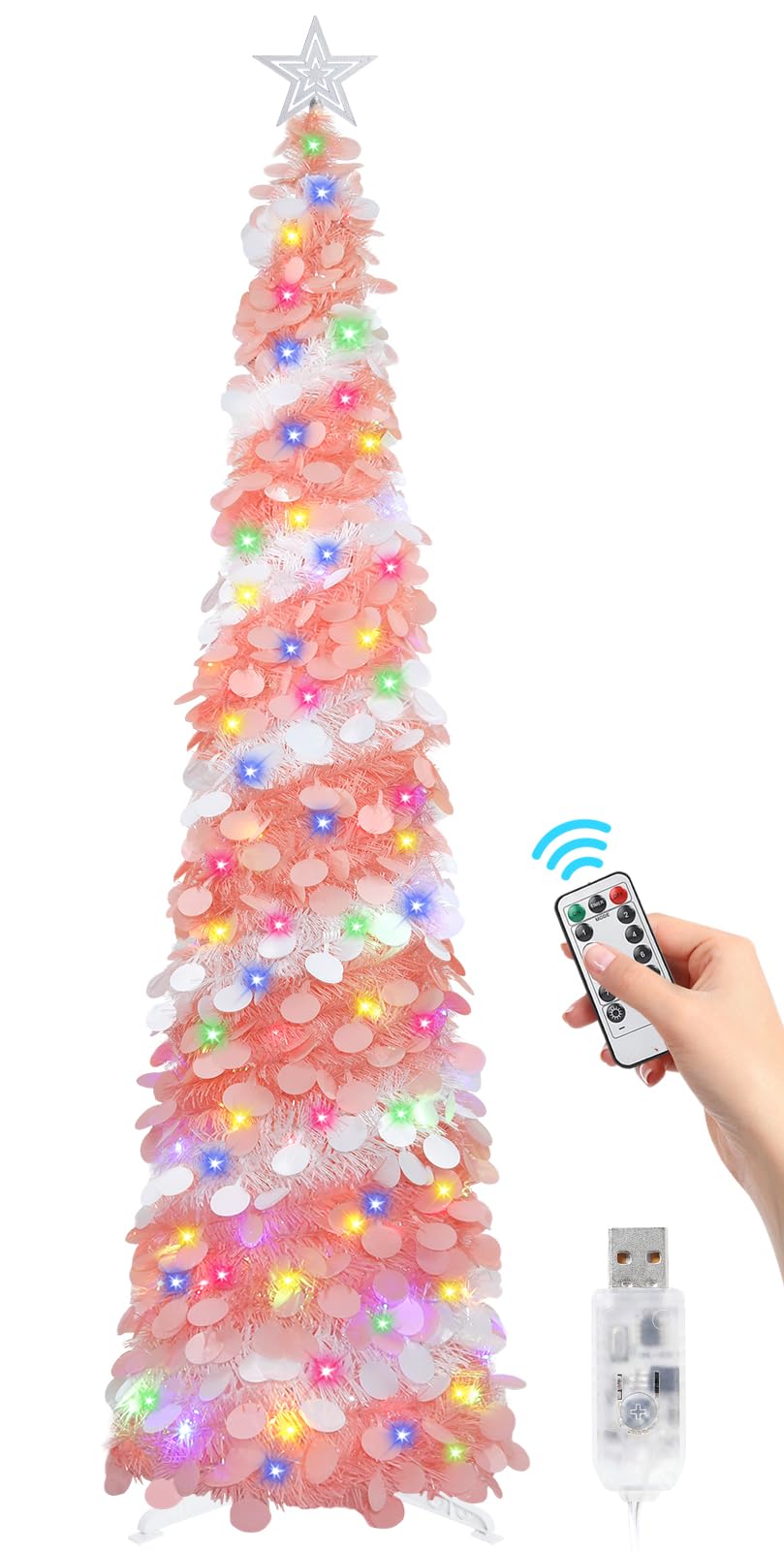 SINTENILL 6 FT Pop Up Christmas Tree with 100 LED Timer Lights & Remote, Pink White Collapsible Christmas Tinsel Tree Artificial Pencil Tree Xmas
