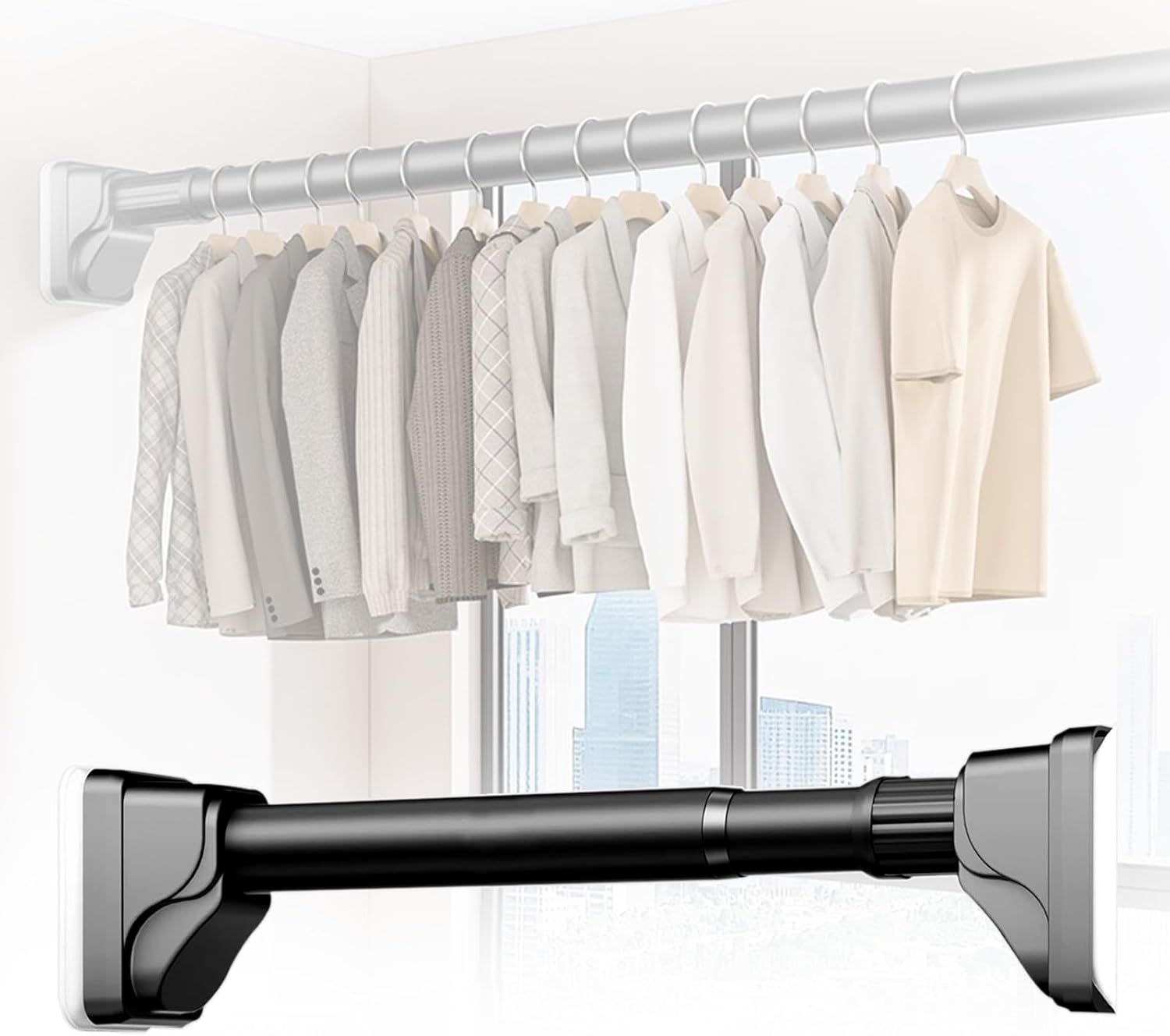 Telescopic Curtain Rods For Bathroom Balcony Kitchen Closet No Drilling Tension Rods 16-193in Adjustable Windows Drapery Rods Anti-slip No Drilling(Black,75-102in)