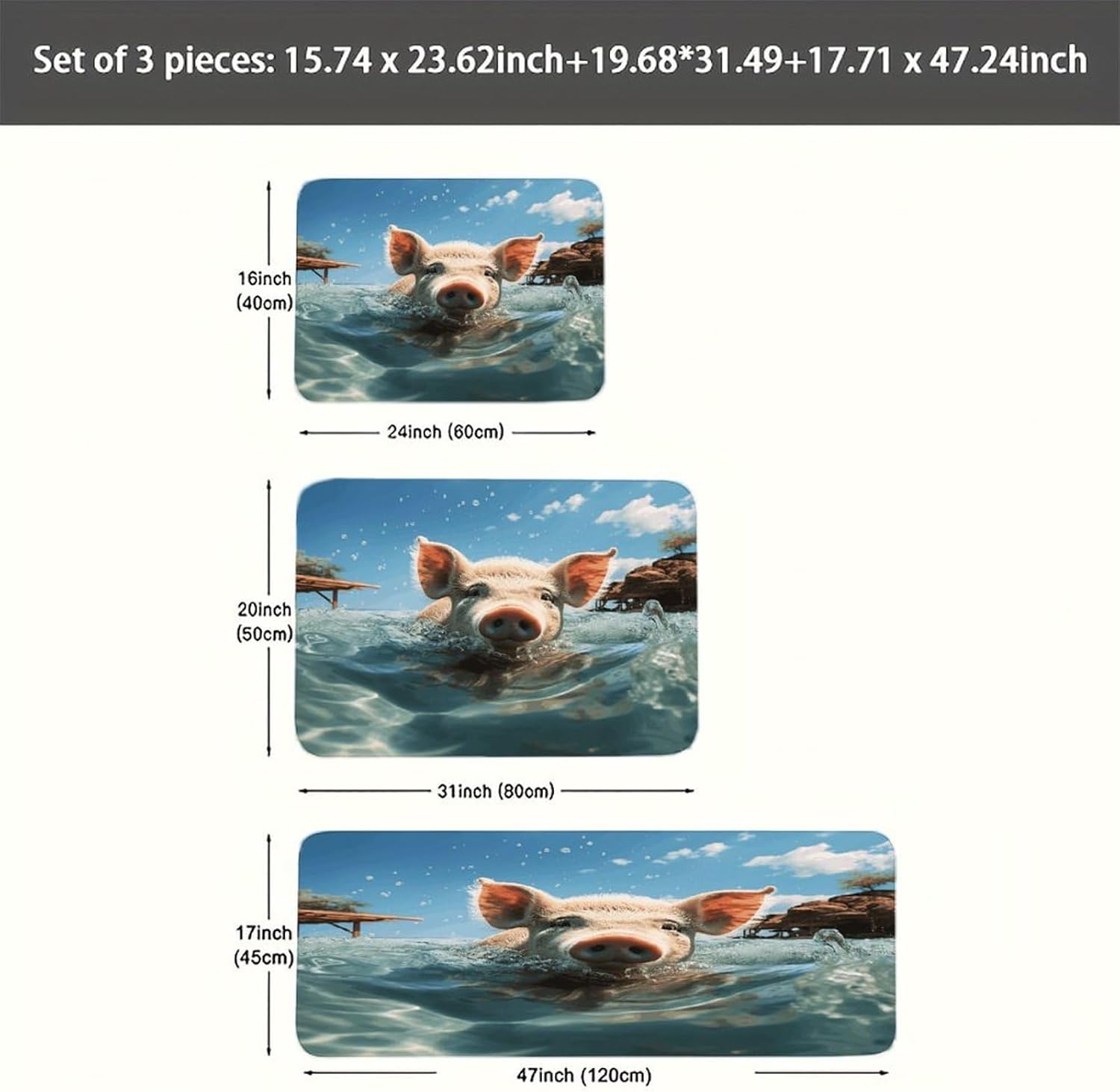 Pig Swim Bathe Kitchen Mats Soft Absorbent Rugs for Floor Non Slip Washable Kitchen Mats Fashion Rectangular Rugs for Three-Piece Set for Laundry Office Home Sink