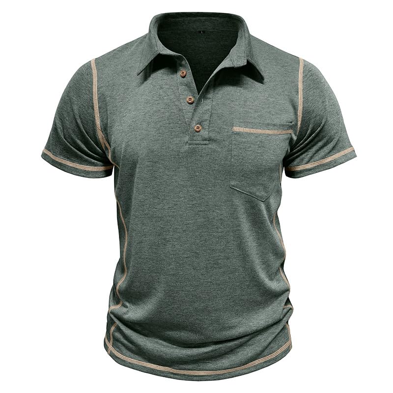 Men's Casual Polo Shirts Classic Short Sleeve Button Tees Basic Golf Shirt Cotton Top with Pocket Green XL