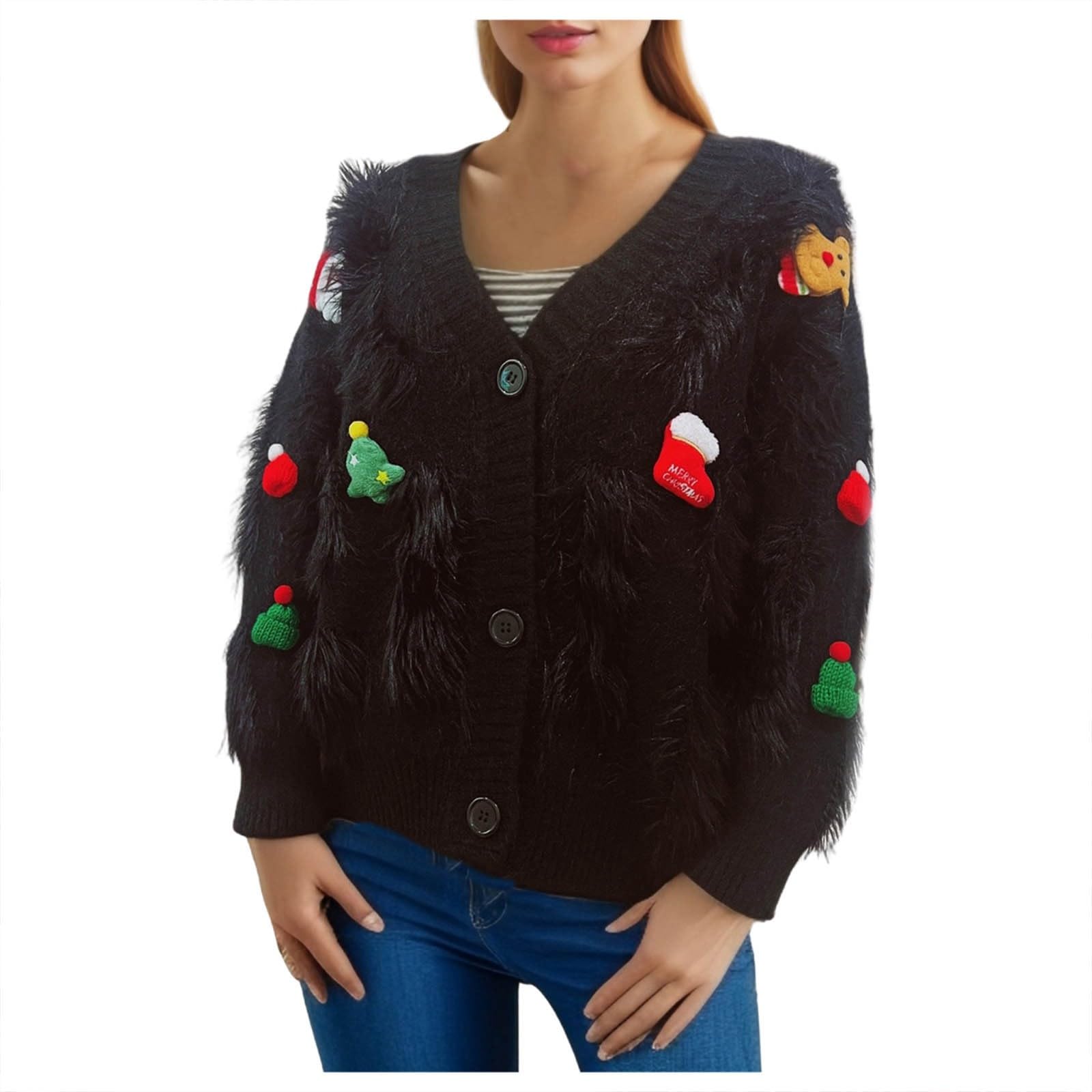 Generisch Chaqueta de punto para mujer, suéter navideño con decoración de tres botonaduras, cárdigan, suéter navideño