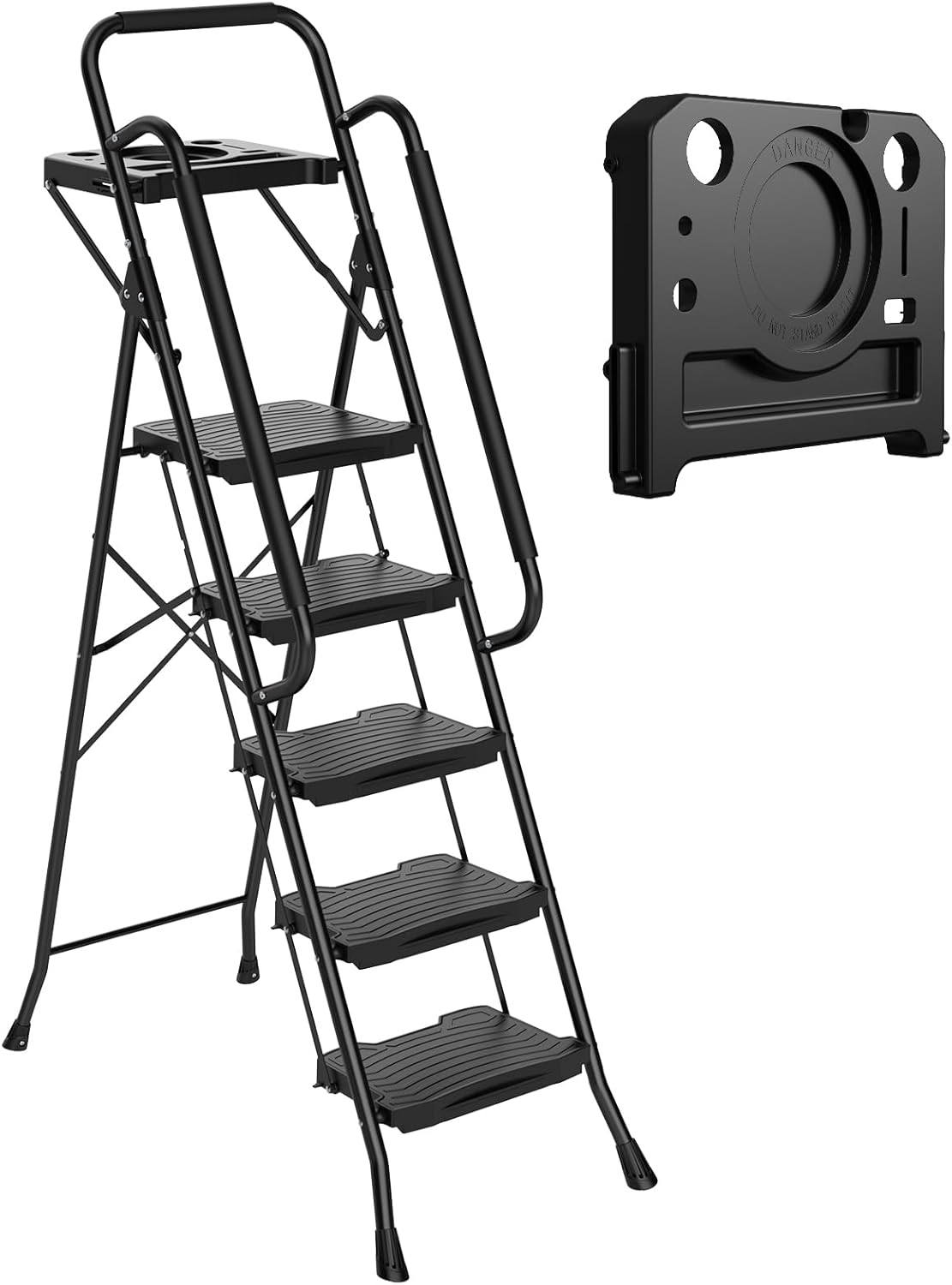 OLIXIS Step Ladder, 2 Sturdy Step Stool with Anti-Slip Pedal & Comfortable Handrail, Portable Heavy Duty Step Stool for Kitchen, Garage & Outdoor Use, 800lbs, Black