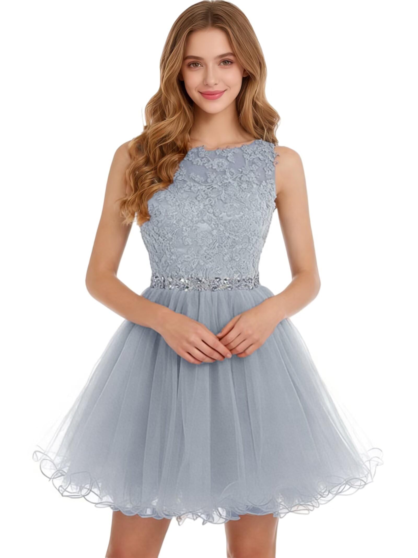 Dydsz Women's Lace Appliques Prom Dress Short Homecoming Dresses for Teens A Line Tulle Cocktail Ball Gown