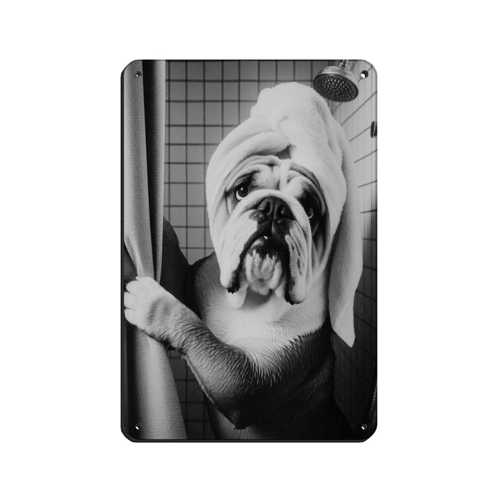 Dog Peeking Out of Shower Curtain Tin Sign Vintage Metal Pub Club Cafe Bar Home Wall Art Decoration Poster Retro 8x12inch(20x30cm)