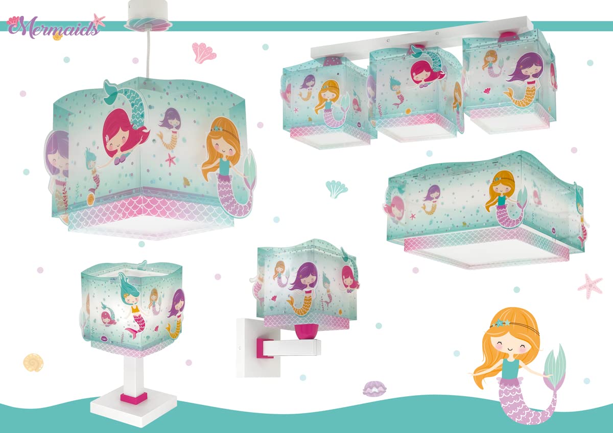 Dalber - Lámpara de Techo Colgante Infantil Mermaids Sirenas | Iluminación Decorativa | Ambiente Mágico de Sirenas, Turquesa, Lámparas infantiles, con fluorescencia.