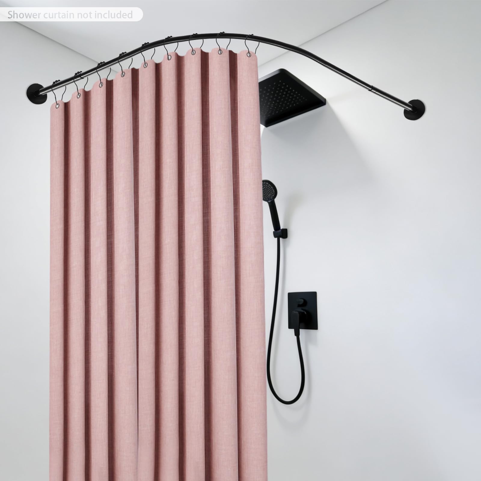 Barra de cortina de ducha angular L, barra de cortina de ducha extensible negra, barra de acero inoxidable para cuarto de baño, sin taladrar, soporte de pared o adhesivo, instalación fácil, ajustable