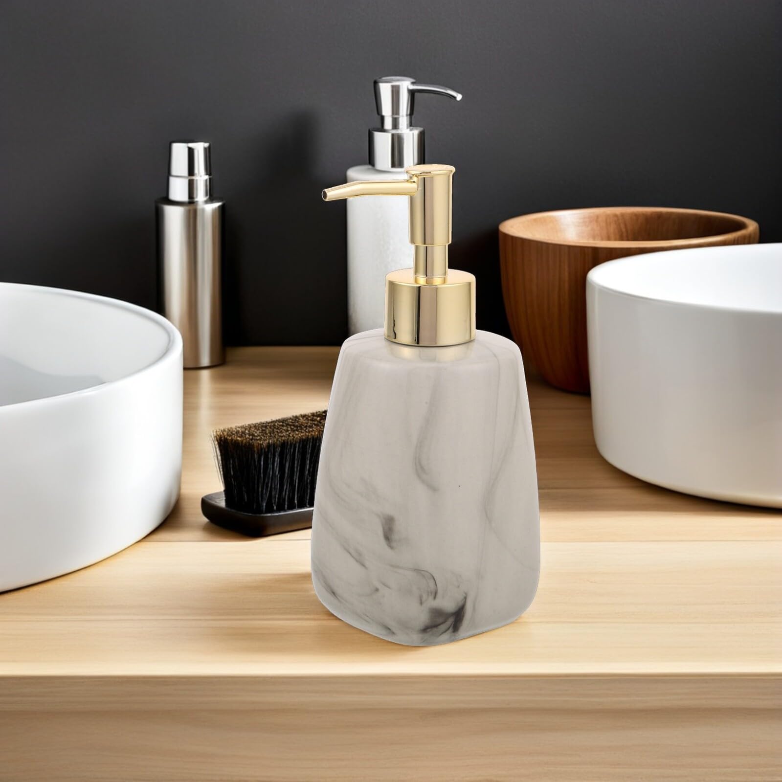 Didiseaon Dispensador de Jabón de Cerámica Estampado Mármol, Botella Cuadrada de 350 Ml para Baño y Cocina, Dispensador Líquido Recargable para Gel, Champú y Loción, Diseño Moderno
