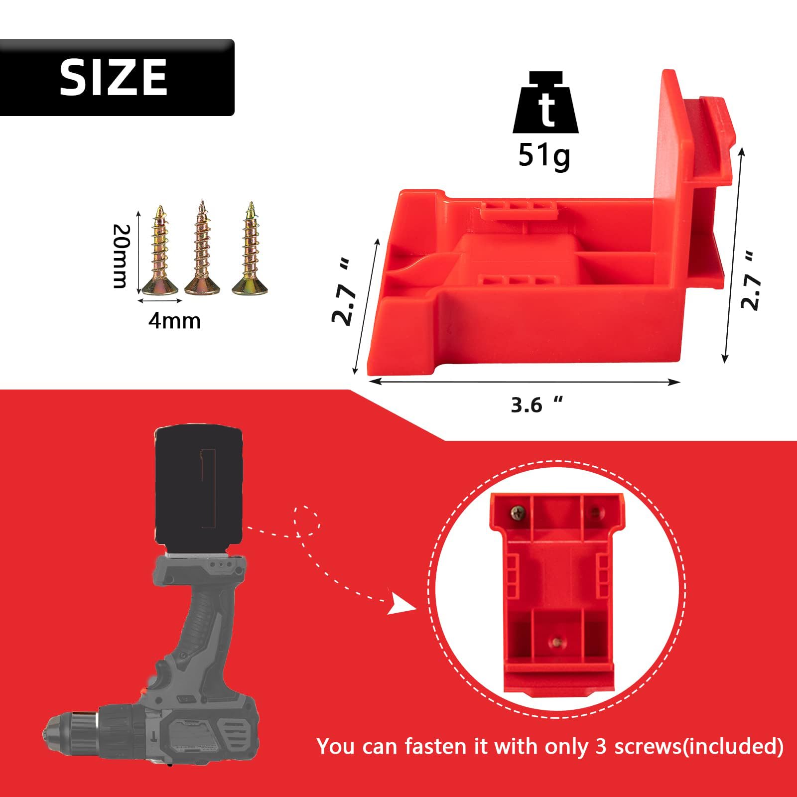 8-Pack Milwaukee 18V Tool & Battery Wall Mount Hanger – Fits 48-11-1820, 1828, 1850, 1860, 1890 Batteries & Drills (Red)