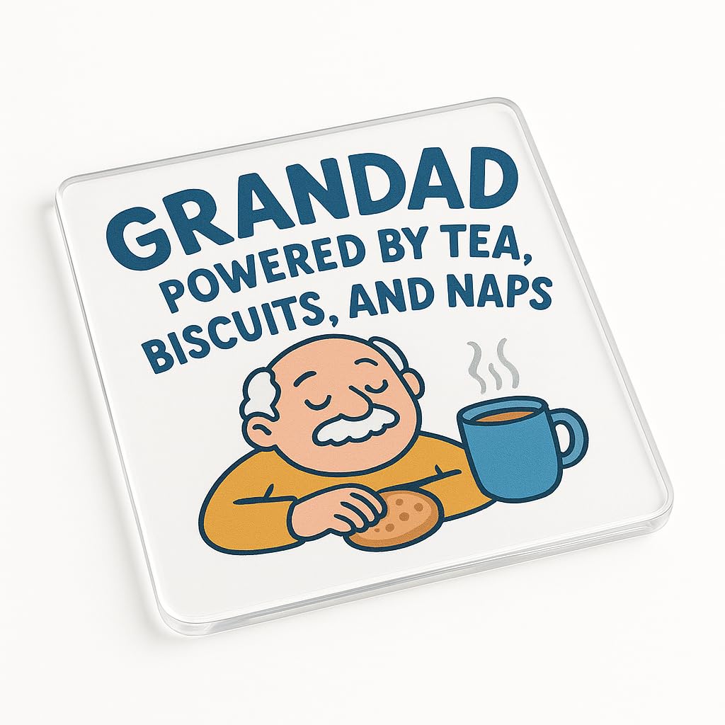 Acrylic Coaster Gift for Grandad Birthday - Humorous Napping Illustration Tea and Biscuit Theme Desk Accessory