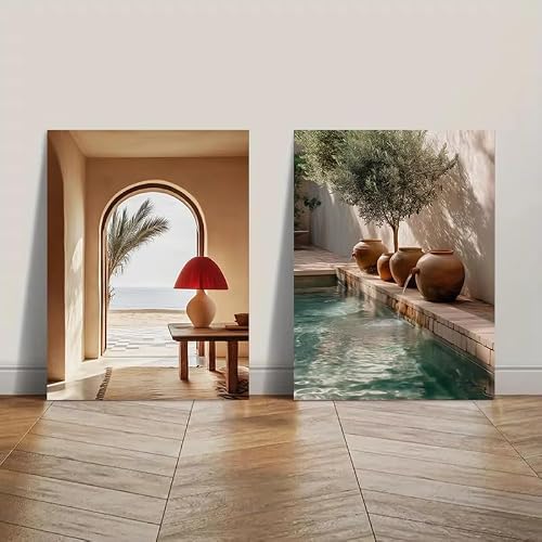XIANGPEIFBH Giclee Artwork Mediterranean Interior Arched Door Pool Vase Canvas Painting Poster Print Living Room Wall Decoration((42x60cm/17x24in) x2/Unframed)