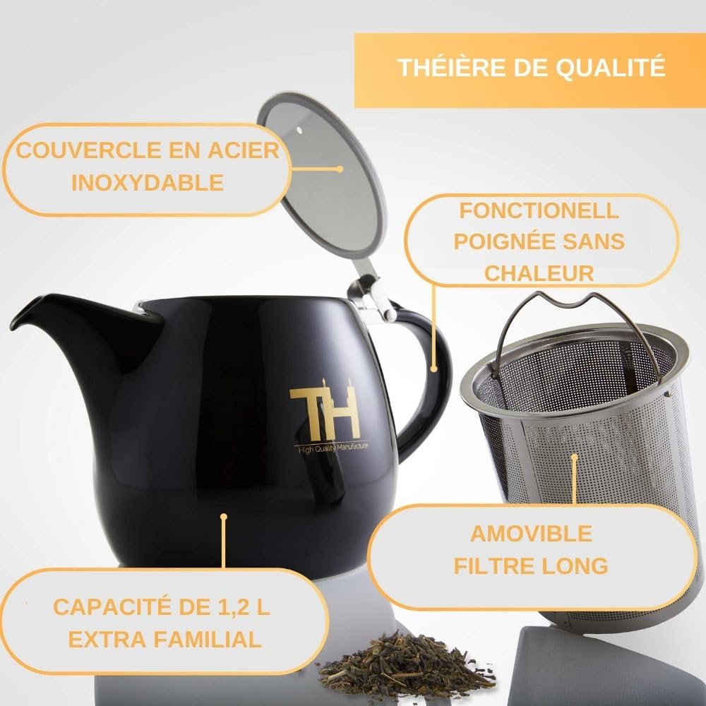 Thiru theiere avec infuseur - 1200 ml - Théière en porcelaine de qualité supérieure fabriquée à la main - Modèle 2022 avec nouveau couvercle et filtre en acier inoxydable