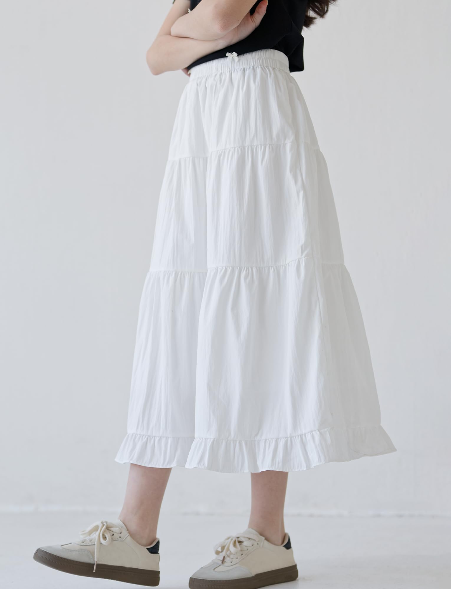 SEAUR Jupe Longue Fille Taille Élastique Élégante Maxi Jupe à Volants D'été Couleur Unie Enfant 130-165=(122-164 UE)