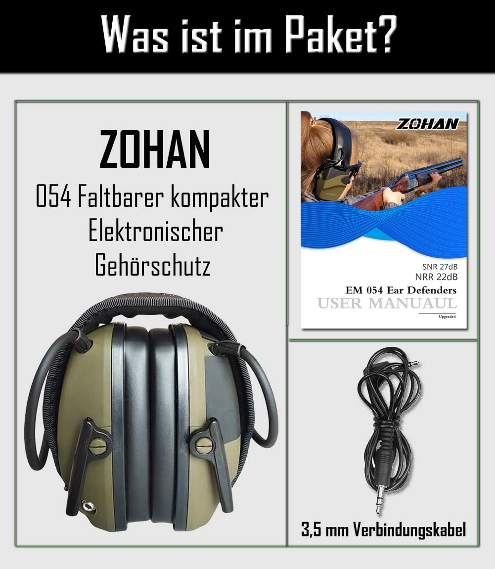 ZOHAN 054 Casque Anti Bruit de Tir Electronique Coussinets d'oreille Remplaçable, SNR 27dB, NRR 22dB, Réducteur de Bruit Réglable, Protection Auditive de Tir Amplificateur Sonore, Vert