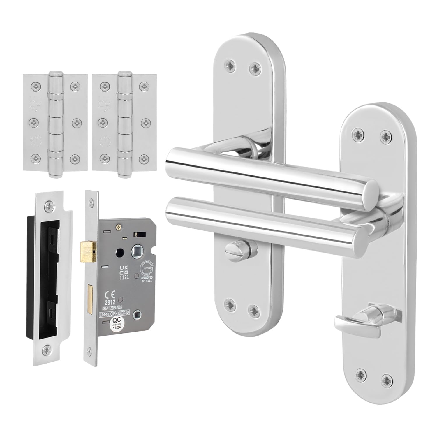 Eai Polished Chrome Chrome Bathroom Door Handle Set, 1 Pair Internal T-Bar Handles, Hinges (76Mm) Lock (64Mm) - Oliena