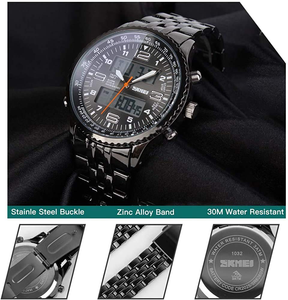 MASTOP Reloj de pulsera para hombre, digital, deportivo, resistente al agua, con cronógrafo de doble hora, alarma, retroiluminación, acero inoxidable, relojes de negocios para hombre