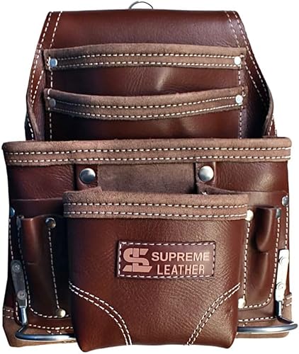 Bolsa de herramientas de cuero de 10 bolsillos para profesionales | Cuero de grano premium resistente | Elegante marrón rojizo | Ideal para