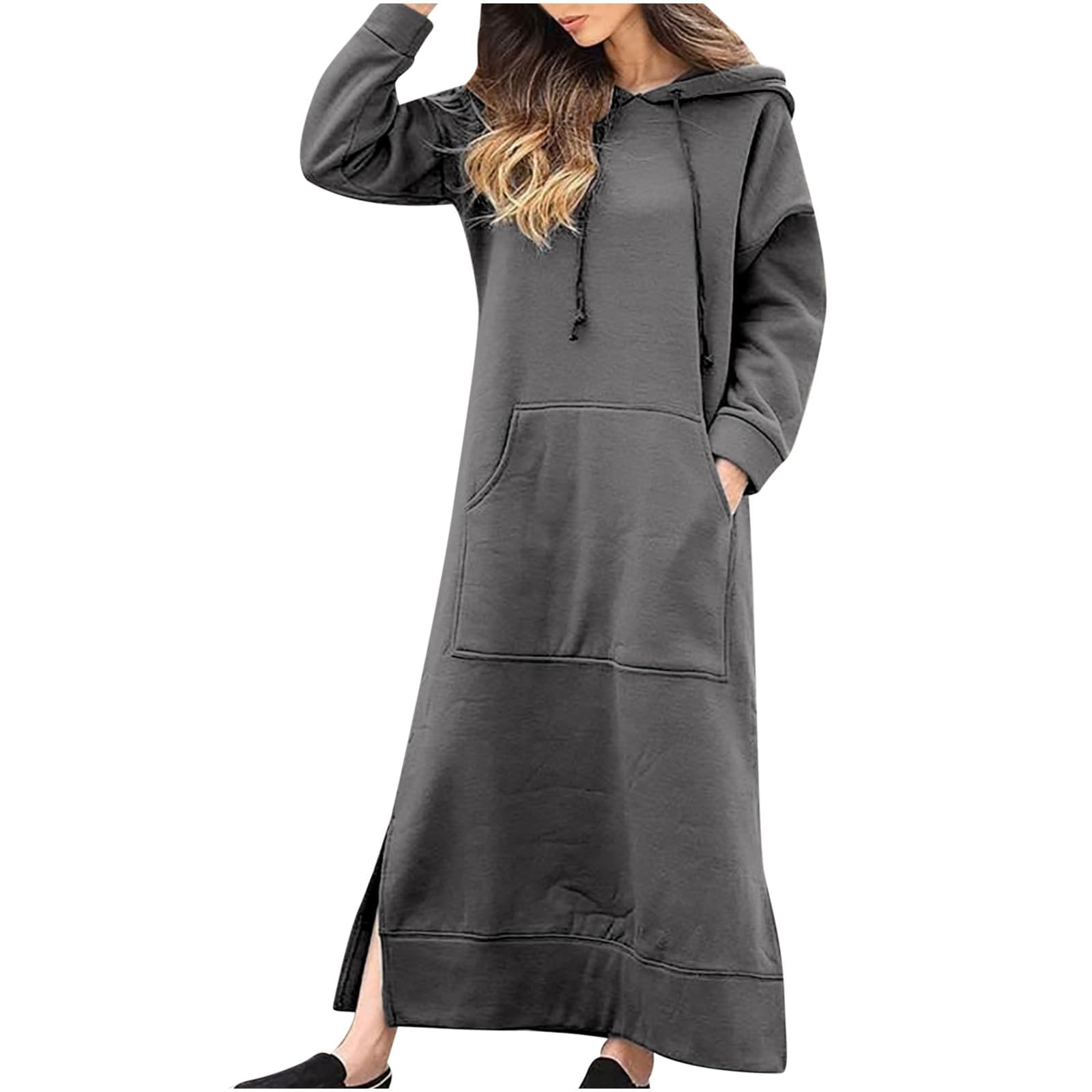 Womens Long Sleeve Hoodies Casual Maxi Length Hooded Dress with Drawstring and Pocket S-5XL