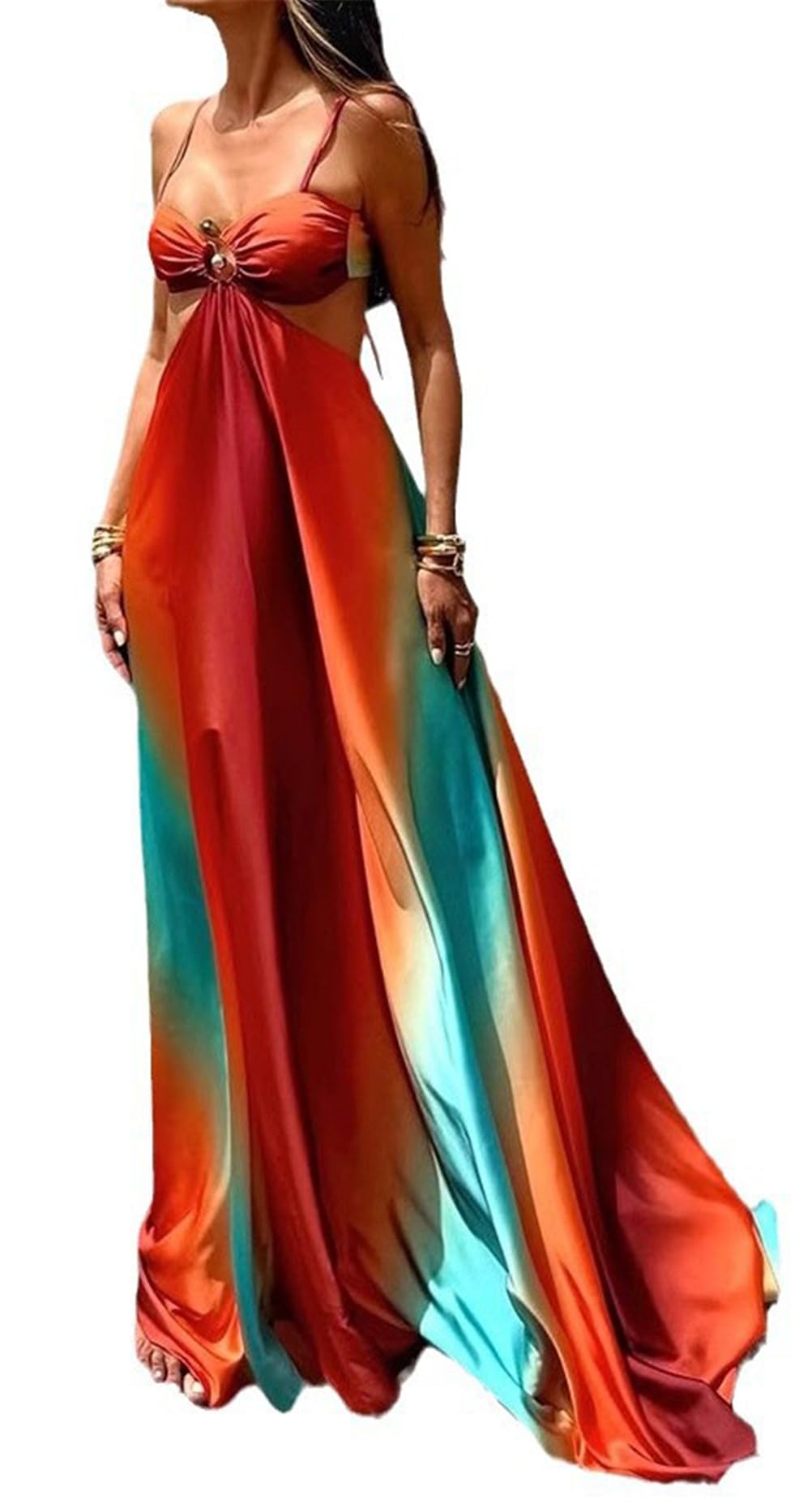 Photo 1 of Hotheart Womens Sexy Wrapped Chest Sleeveless Gradient Color Hollow Hem Dress Beach Dress Vacation Long Dress Red
