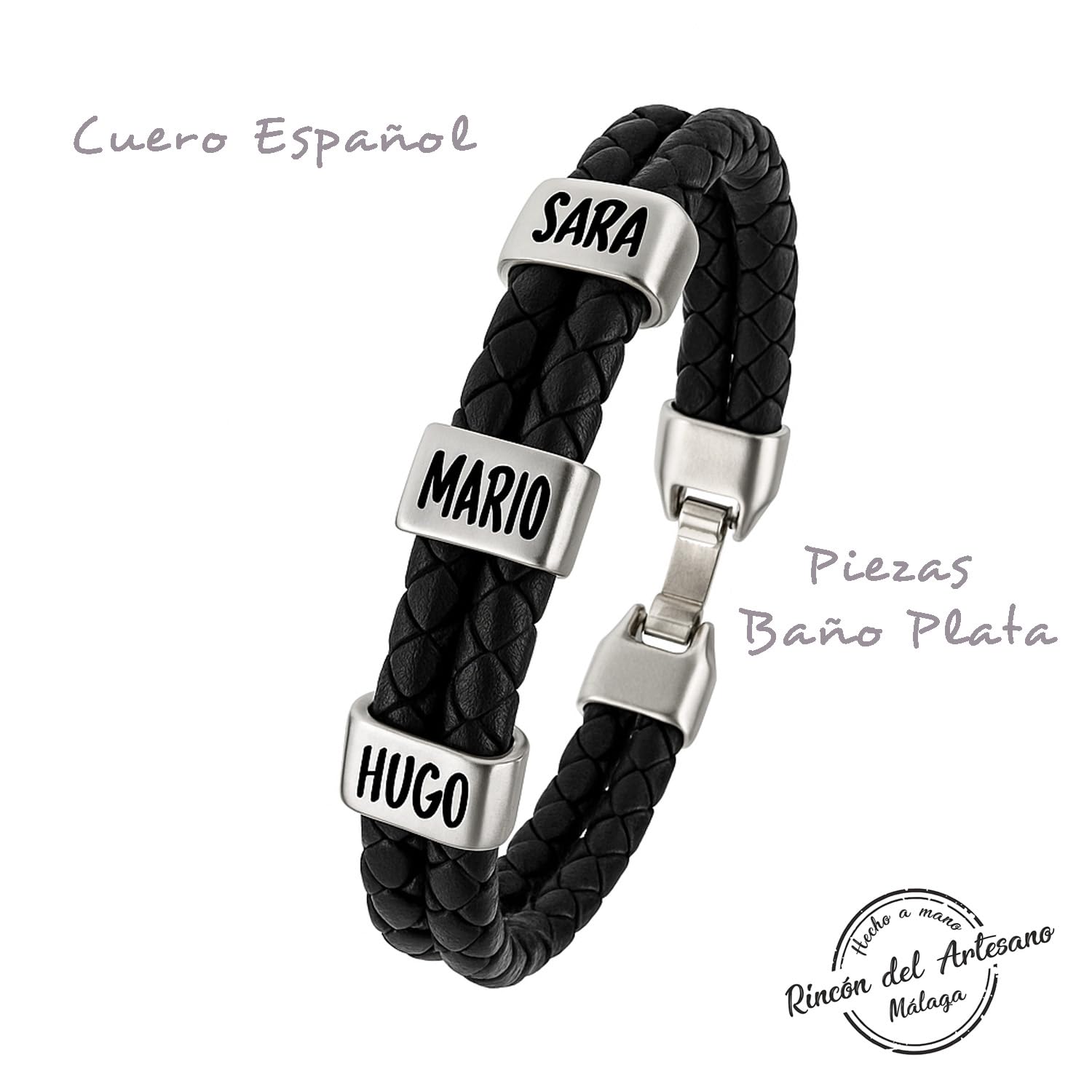 Pulsera Hombre Personalizada con Nombres, Baño Plata y Cuero Auténtico Español, Trenzado Doble Negro