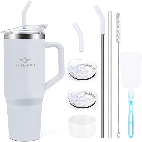 Tamarac Vaso de 40 onzas con asa y tapa con pajilla, vaso aislado, botella de agua reutilizable de acero inoxidable de viaje con tapa para