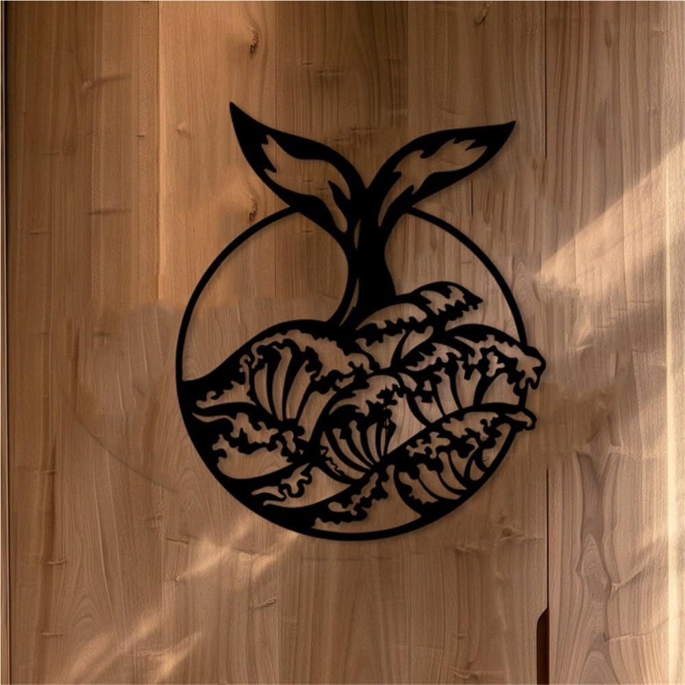 Decoración de pared abstracta contemporánea de metal, elegante escultura artesanal con forma de cola de ballena, temática oceánica para interiores/exteriores, oficina náutica, casa de playa (40 c