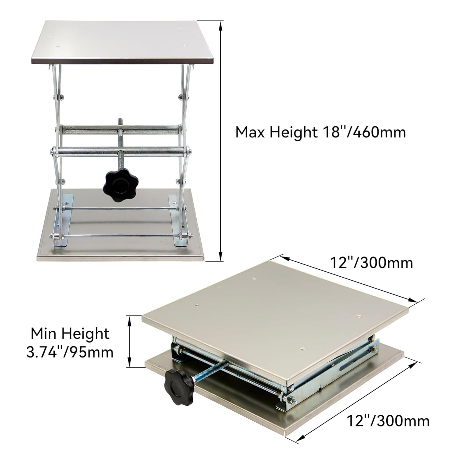 Table Élévatrice de Laboratoire en Acier Inoxydable 300 x 300 mm, Plate-Forme de Levage Manuelle, Hauteur Réglable de 90 à 460 mm, Capacité de Charge 25 kg, pour Expériences Précises