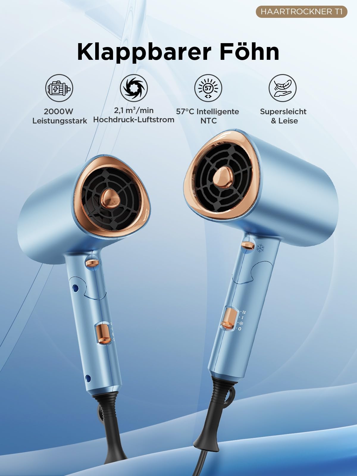 Kryvoth Ionen-Föhn 2000W, klappbarer Haartrockner mit Diffusor, Hair Dryer
