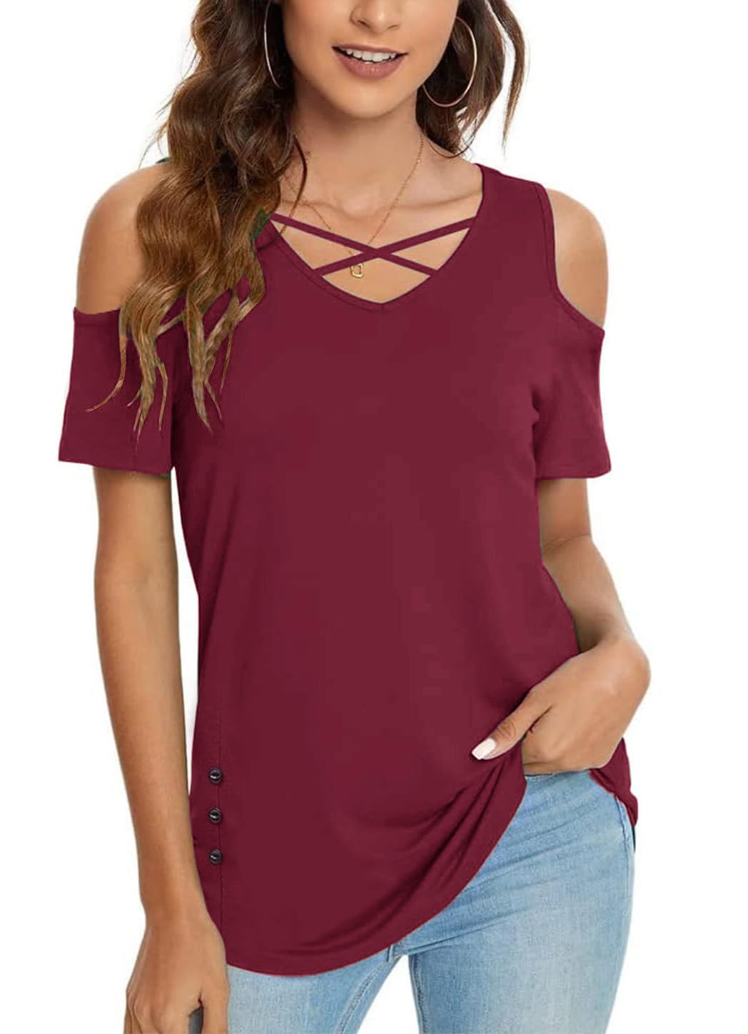 Rayson Estivo Magliette Donna Camicette in Maglietta Scollo a V Manica Corta Elegante off Spalla T-Shirt Incrociata Casual Tinta Unita Top