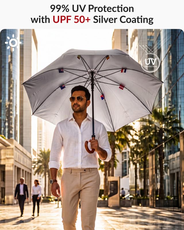 Image of Destinio Big Umbrella for Rain, Large Family Umbrela, Auto Open, UPF 50+ Sun Protection, Heavy Duty Windproof Waterproof Golf Umbrella for Men Big Size with UV Coating, Strong Fiberglass Rib Umbrellas