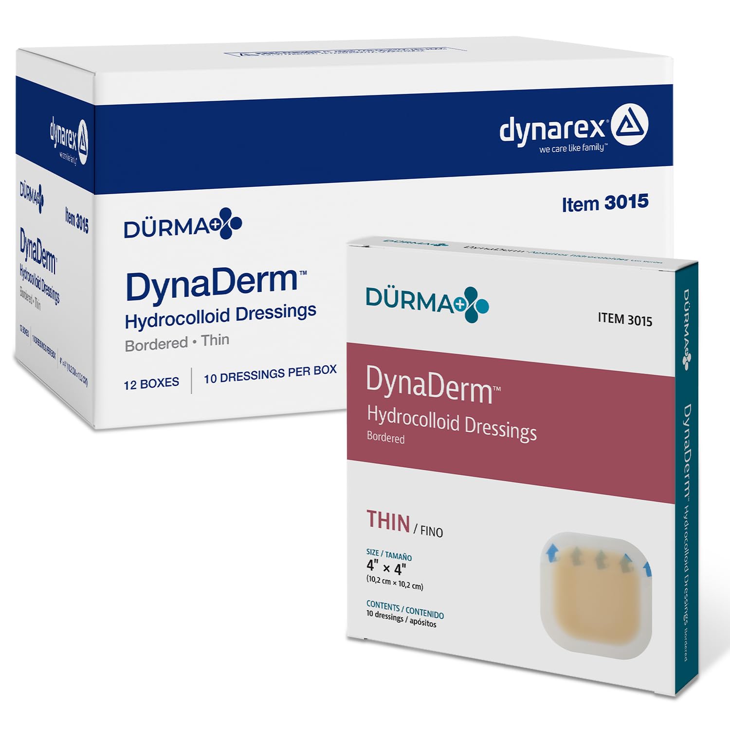 DynaDerm Hydrocolloid Dressings, Sterile Moist Bandages Used for All Kinds of Wounds, 4" x 4", Thin & Latex-Free, Peel-Down Patches - 1 Case, 12 Boxes of 10 Dressings (Packaging May Vary)