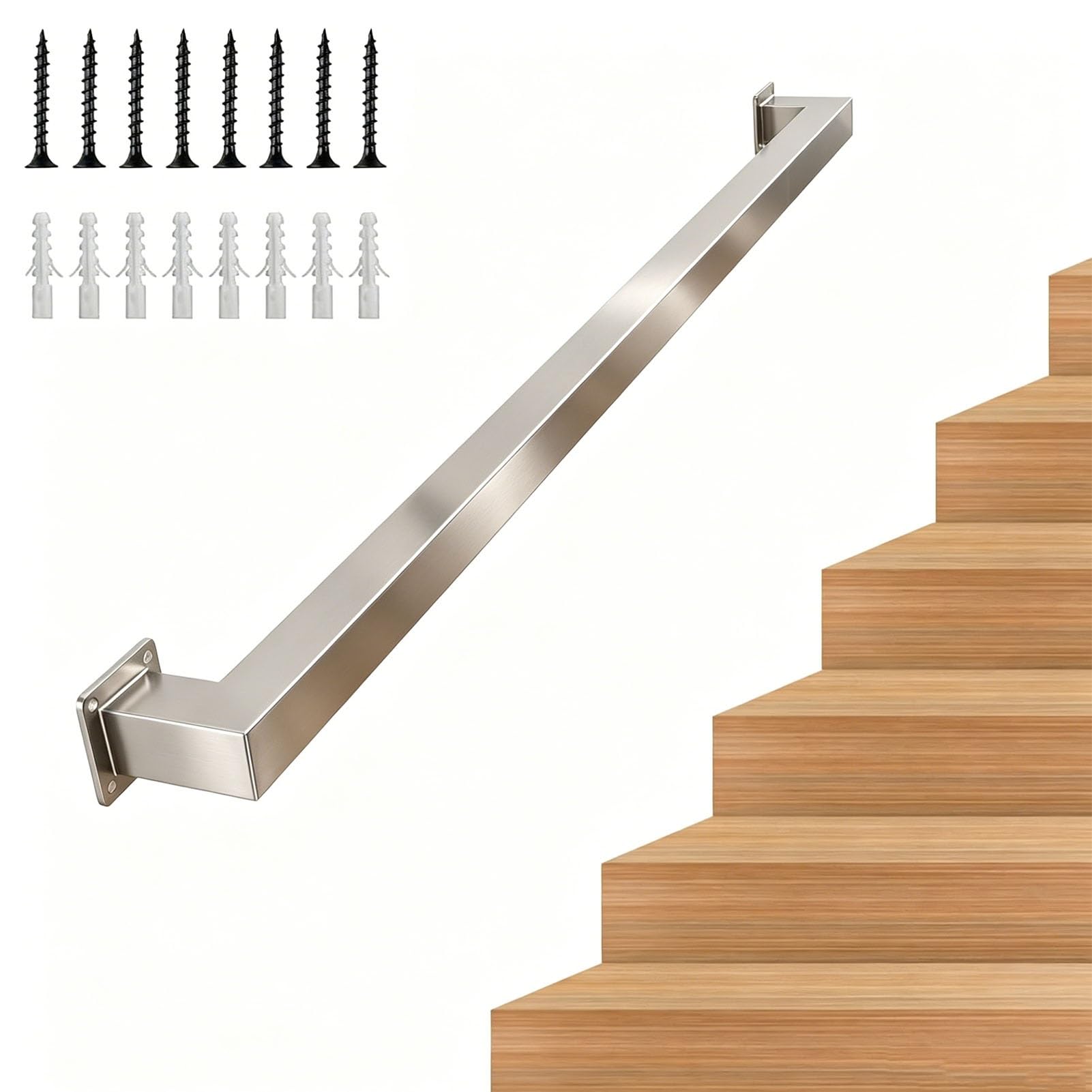 Junvstor Stainless Steel Handrail 10 13 17 20 FT Stair Handrail For Stairs Banister Rail Support Kit Indoor Outdoor Wall Mounted Stair Railing Staircase Hand Rails(16.4ft/500cm)
