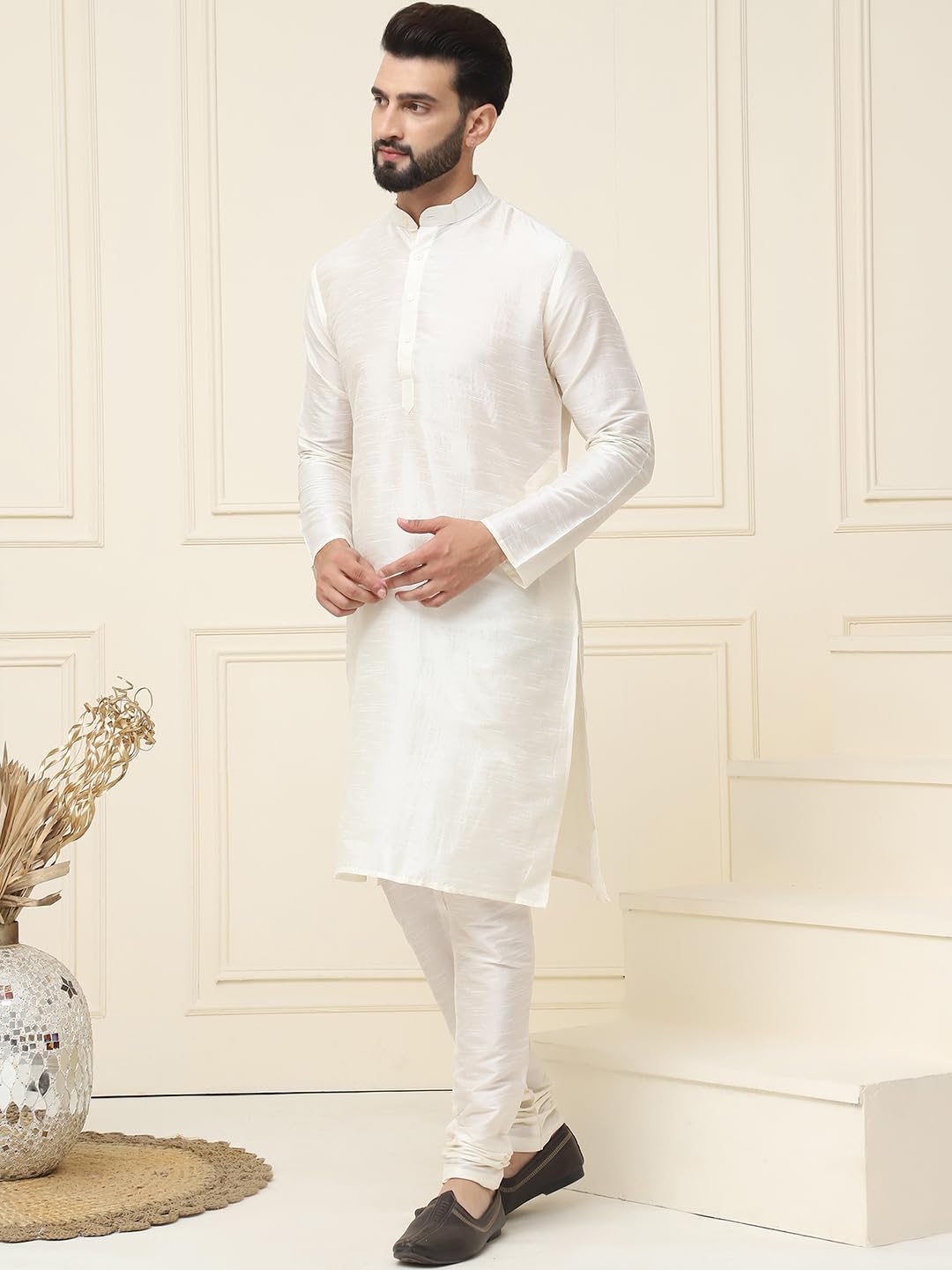 Sojanya (Since 1958 Men's Cream Dupion Silk Kurta & Churidaar Pyjama