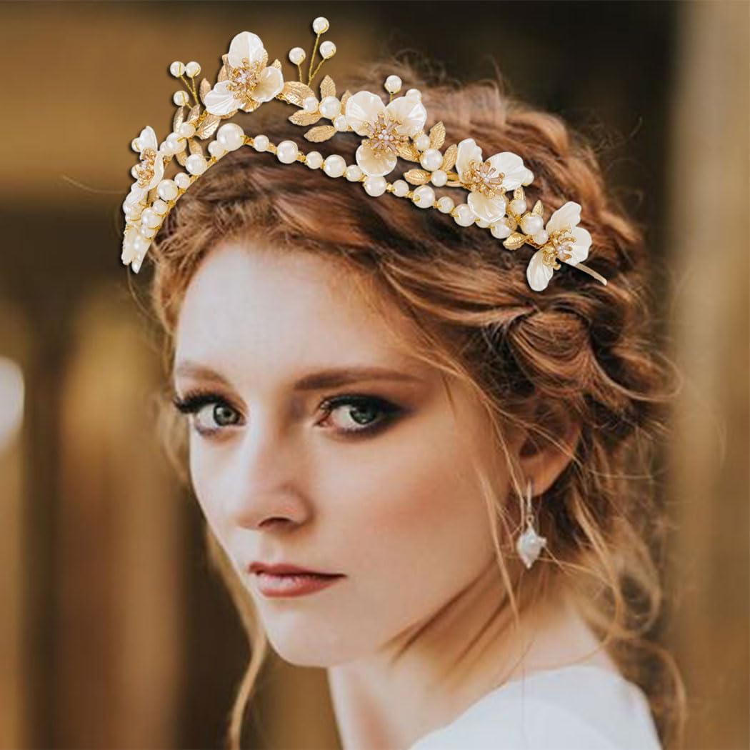 Gortin Flower Crown Bride Wedding Headband Gold Leaf Bridal Princess Headpiece Pearl Tiara Hair Accessories for Women - Image 2