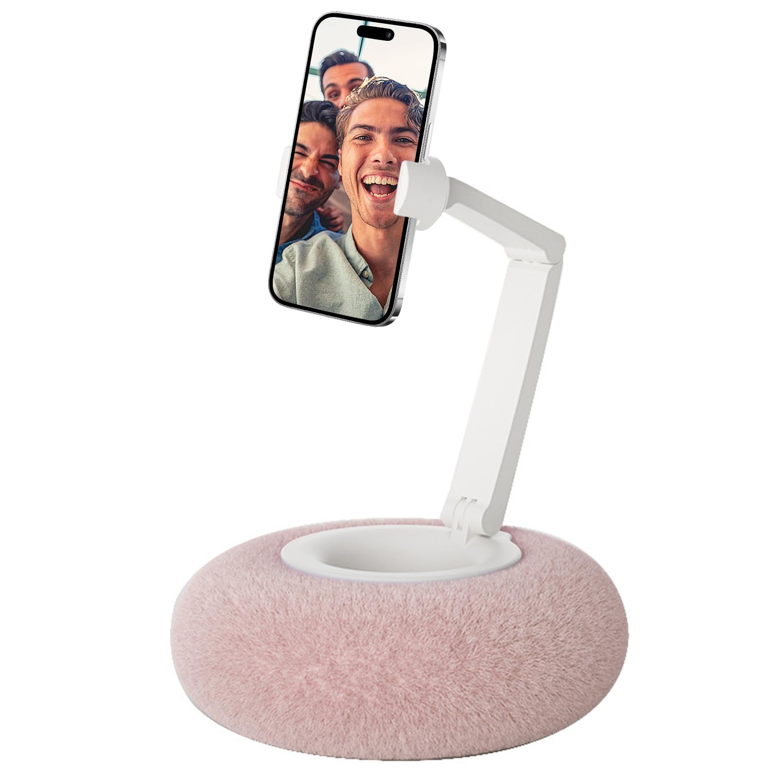 Soporte de teléfono ergonómico giratorio con base de cojín suave, brazo ajustable a 80° y antideslizante para dispositivos de 2 a 12 pulgadas, cama ajustable para teléfono