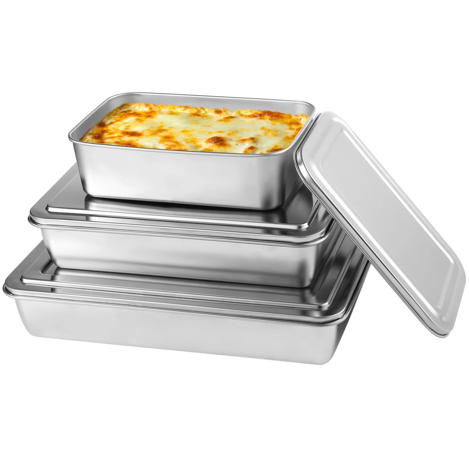 LUMINFLY 3-Pack Rectangular Stainless Steel Cake Pans with Lids, Non-Stick Loaf Pans, Versatile Bakeware Set