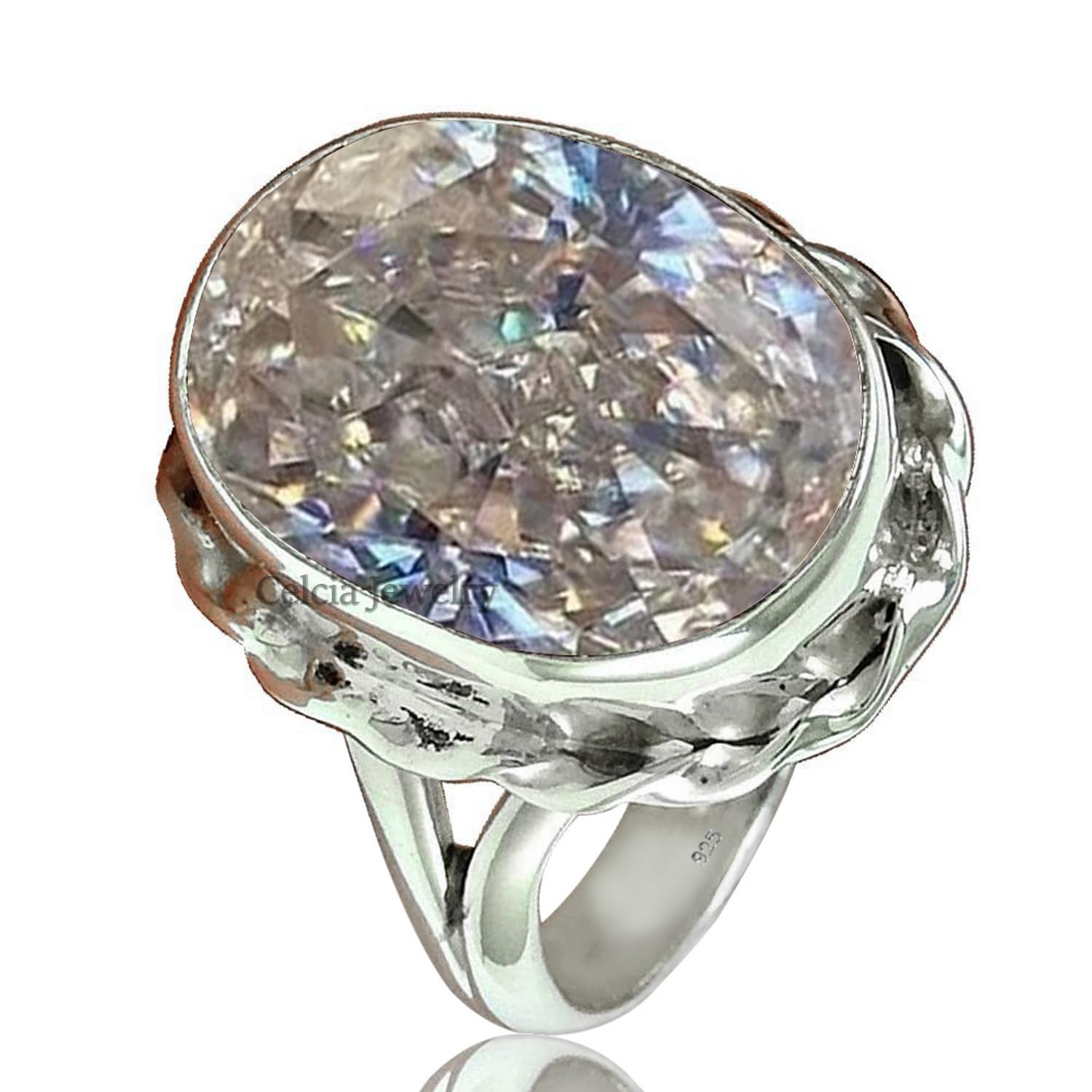 Ovaler Ring aus echtem Edelstein mit weißem Kubikzirkon, massiver 925er Sterlingsilber-Damenring, Statement-Ring, einzigartiger April-Geburtsstein-Geschenkring für sie (Zirkonia, Größe 8,75)