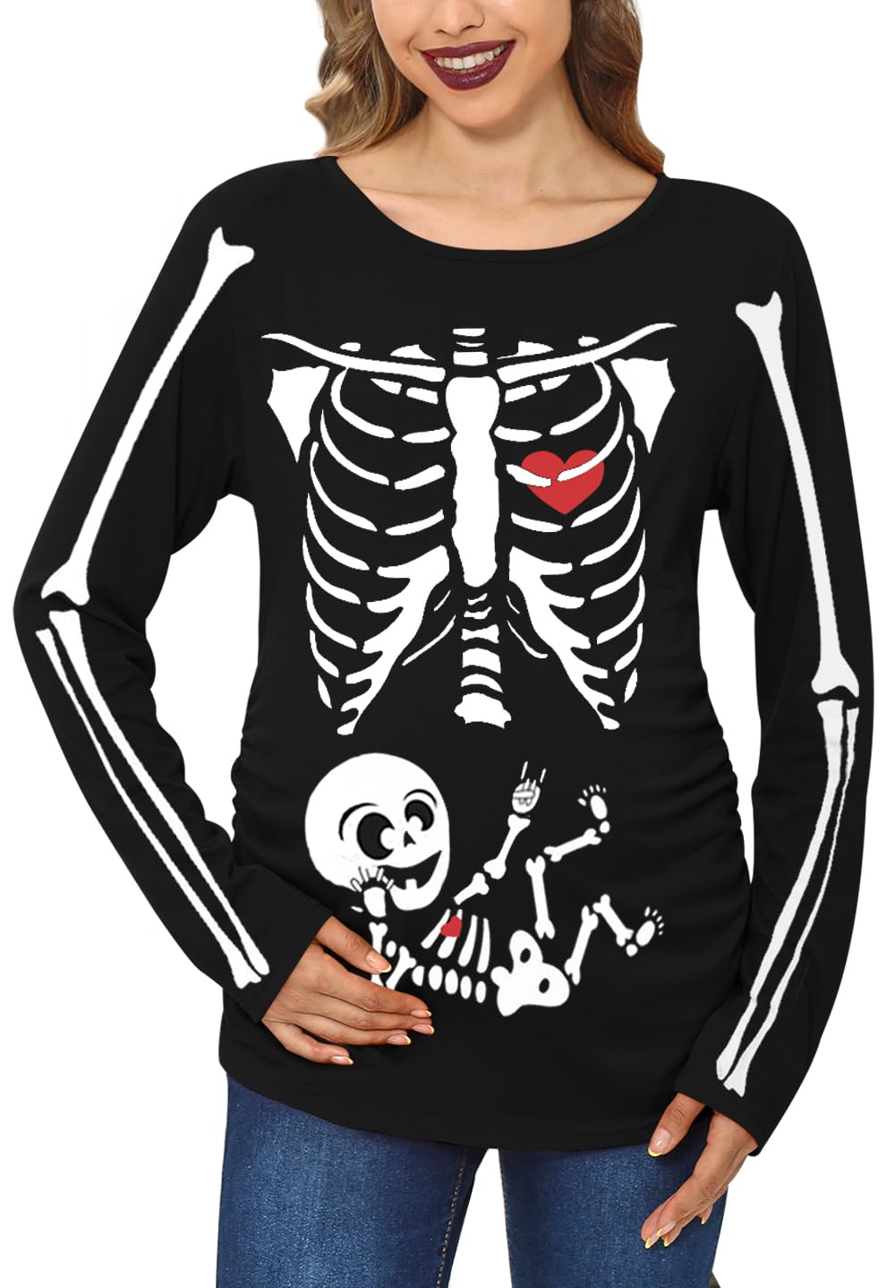 For G and PL Chemise de grossesse à manches longues pour femme Halloween S-XXL | Costume extensible à manches longues pour fête à thème squelette citrouille imprimé famille enceinte chemise