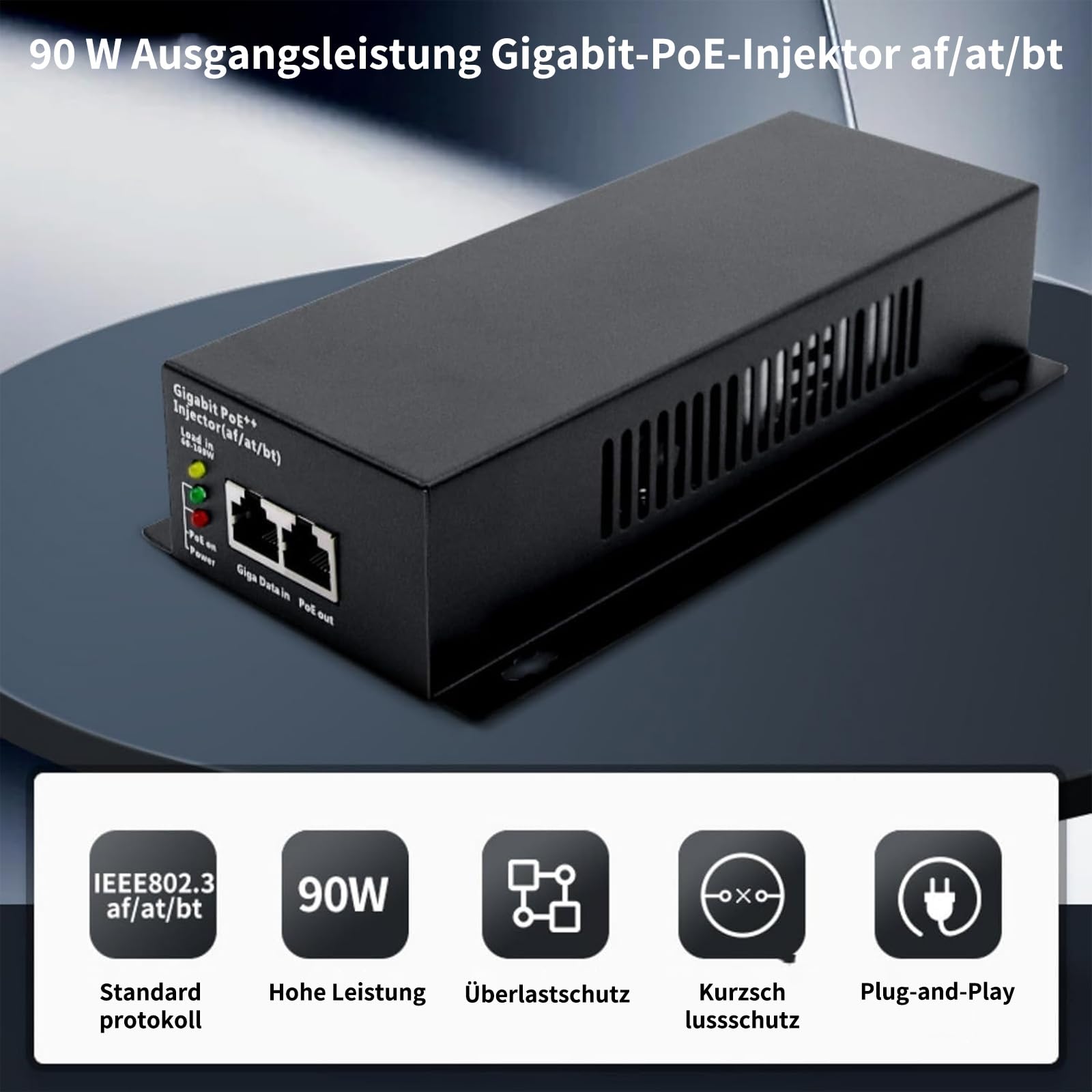 Injecteur PoE Gigabit 90 W, 802.3af/at/bt PoE+ + adaptateur standard, Plug & Play, extension de signal de 100 mètres pour la sécurité/les applications audio commerciales/IoT/Smart Home