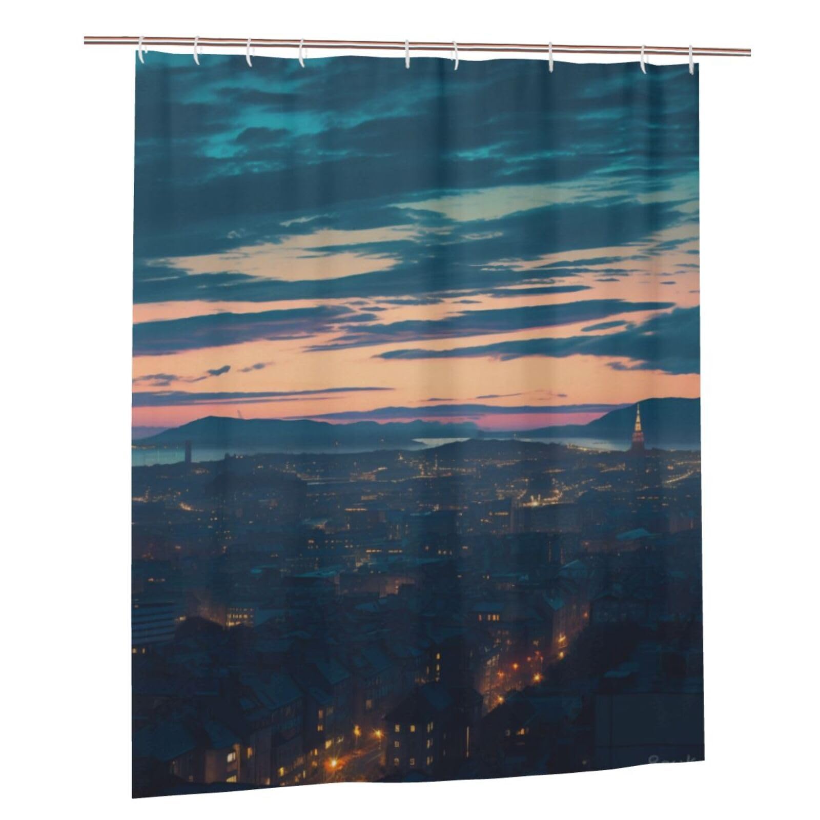 BWWHCCTI Cityscape Dusk Printed Shower Curtain With 12 Plastic Hooks Opaque Quick Drying Waterproof Shower Curtains Sets For Bathroom 152x183 Cm