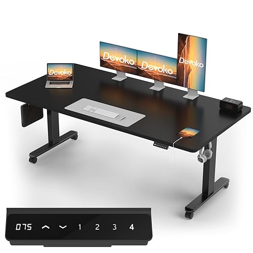 Devoko Höhenverstellbarer Schreibtisch mit 2 Motoren,25mm Einteilige Tischplatte, 200x80 cm Mobiler Elektrisch Computertisch mit Kabel Management, Schwarz - Perfekte Ergonomie für Dein Büro - Schwarz - 197x77cm