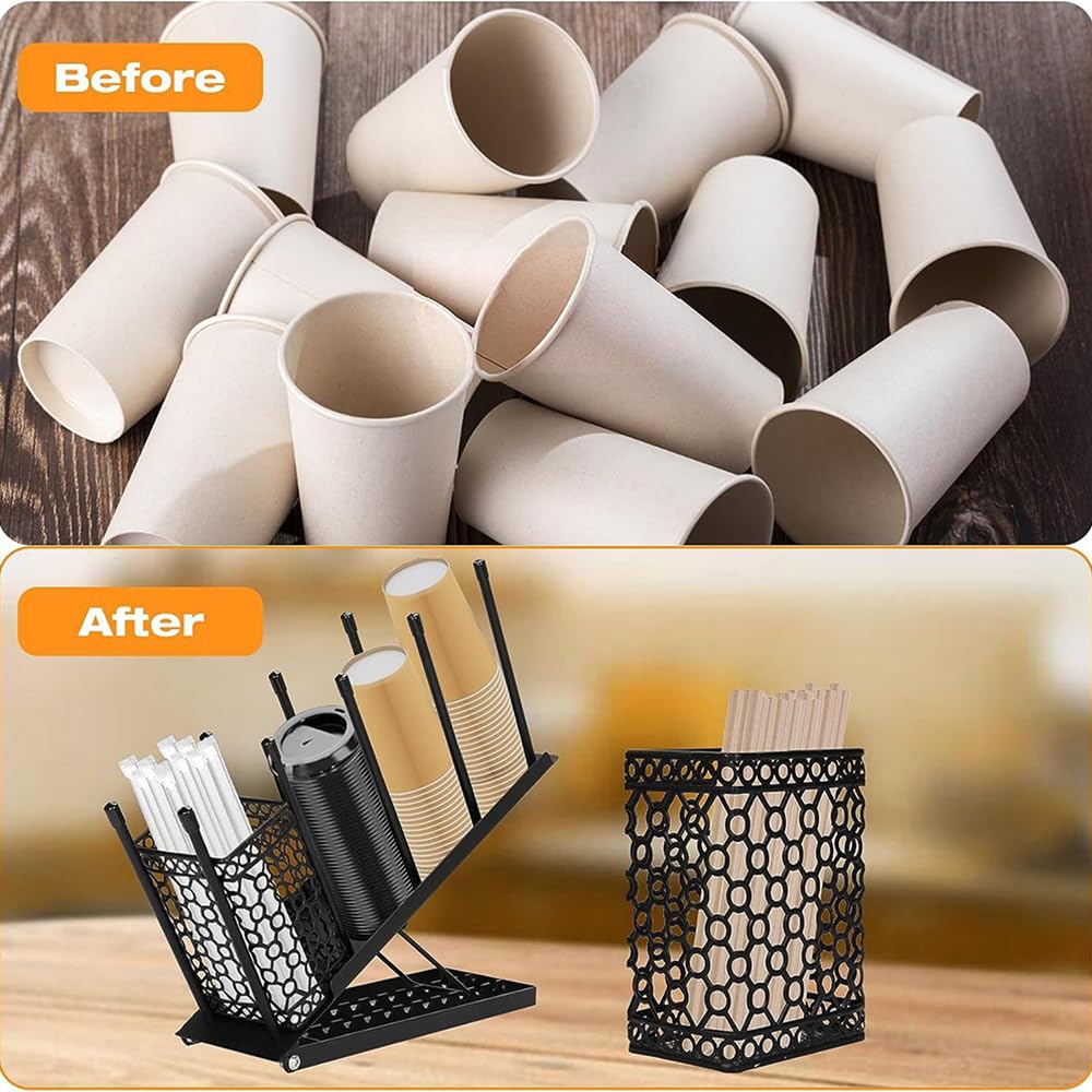 HEYOUTH Juego de 2 organizador de tazas de café desechables | Negro/Blanco con Cesta para Pajitas | 8 Alturas + 4 Niveles Extraíbles (100 Vasos) para Cafeterías y Oficinas